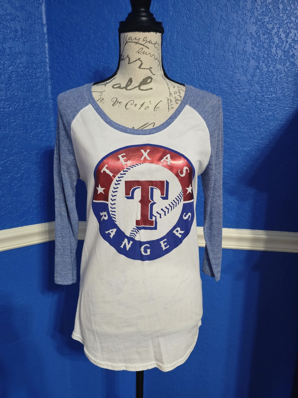 PINK Victoria's Secret White Tee with Blue Raglan Sleeves and Rangers Logo